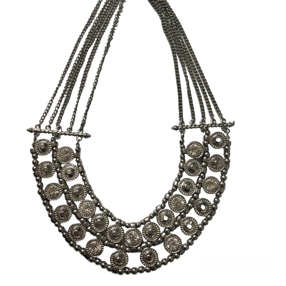 Editorial Gunmetal Rhinestone Bib Necklace Multi-Chain Statement Glam Prom